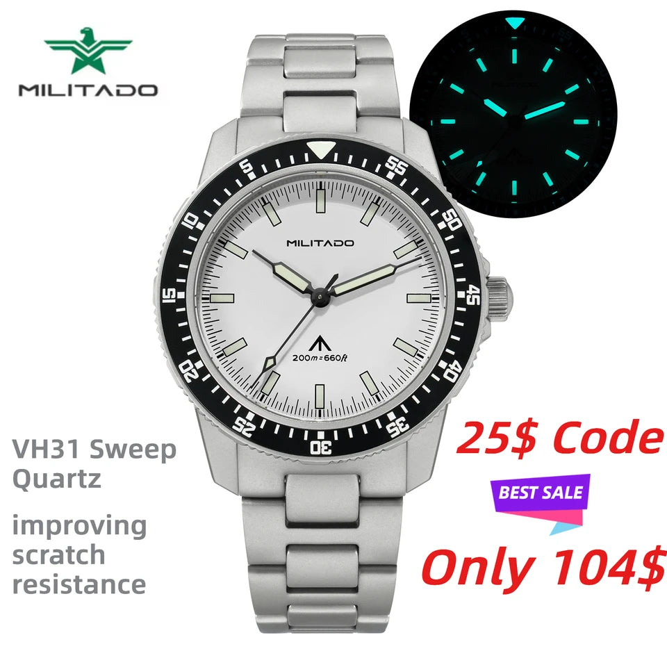 MILITADO VH31 Sweep Quartz Men's Watch | Stainless Steel Dive Style Watch with 200M Water Resistance