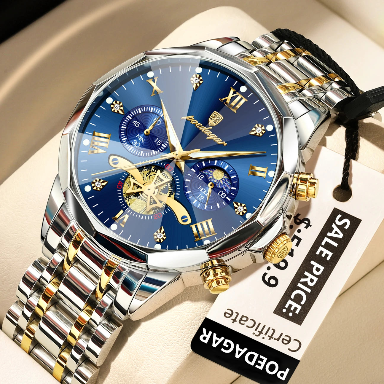 Poedagar Luxury Men's Chronograph Blue Dial Stainless Steel Watch