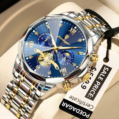 Poedagar Luxury Men's Chronograph Blue Dial Stainless Steel Watch