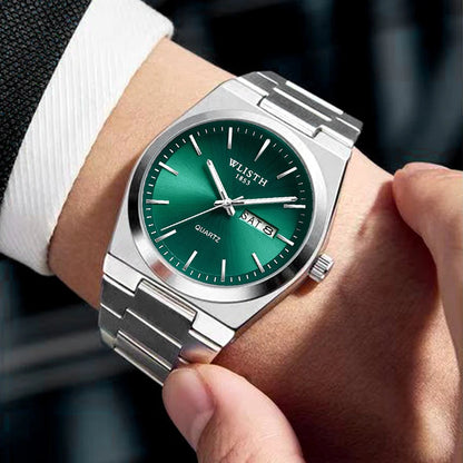 Men's Luxury Stainless Steel Watch with Green Dial, Quartz Movement & Date Display