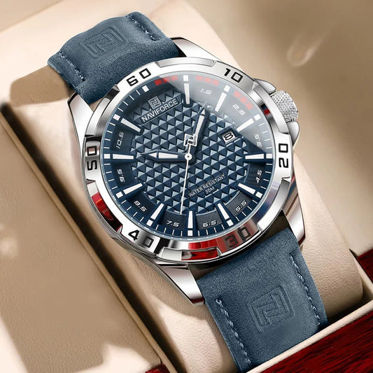 NAVIFORCE Men’s Luxury Sport/Fashion Analog Quartz Watch – Blue Dial Leather Strap (NF9083M style)