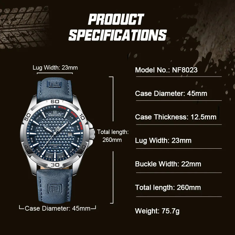NAVIFORCE Men’s Luxury Sport/Fashion Analog Quartz Watch – Blue Dial Leather Strap (NF9083M style)