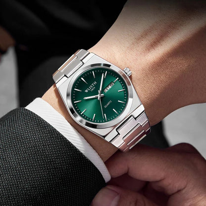 Men's Luxury Stainless Steel Watch with Green Dial, Quartz Movement & Date Display