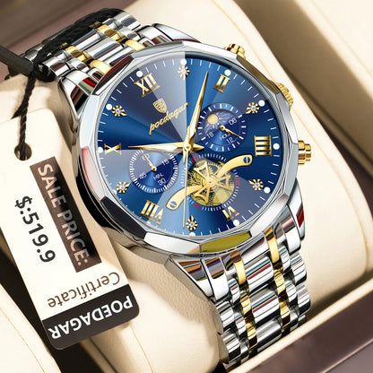 Poedagar Luxury Men's Chronograph Blue Dial Stainless Steel Watch