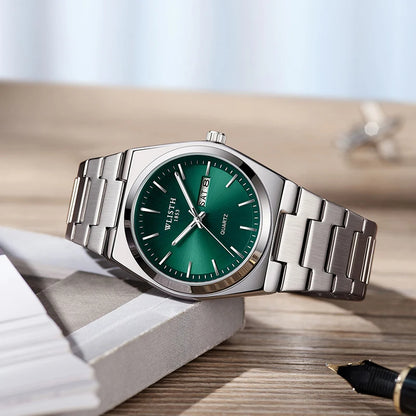 Men's Luxury Stainless Steel Watch with Green Dial, Quartz Movement & Date Display