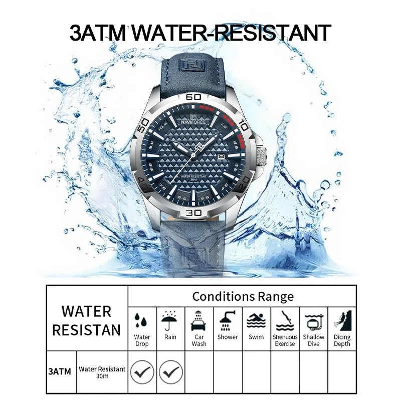 NAVIFORCE Men’s Luxury Sport/Fashion Analog Quartz Watch – Blue Dial Leather Strap (NF9083M style)