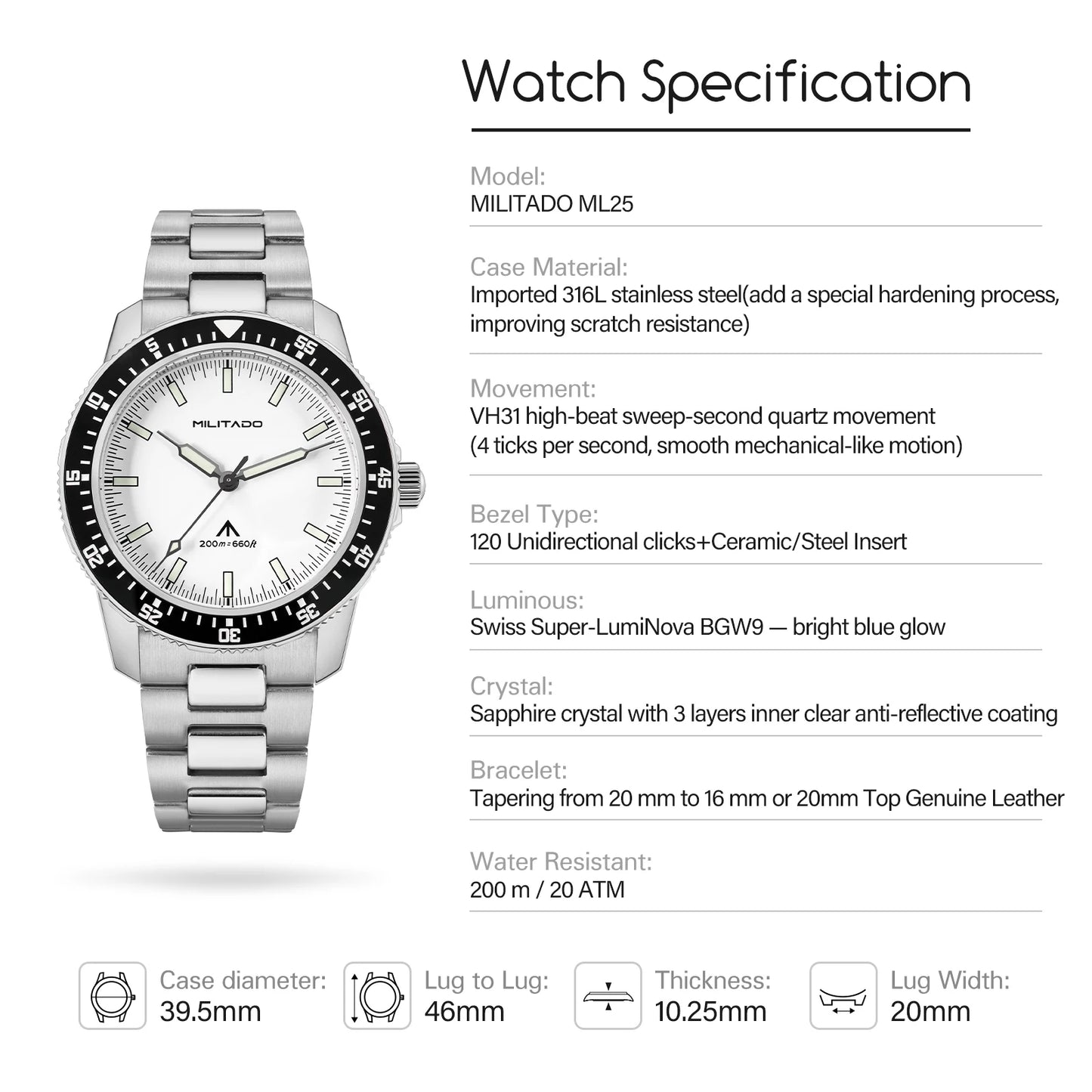MILITADO VH31 Sweep Quartz Men's Watch | Stainless Steel Dive Style Watch with 200M Water Resistance