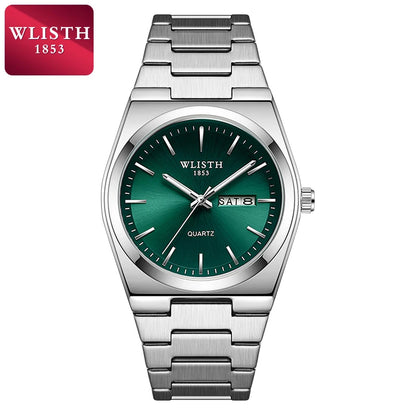 Men's Luxury Stainless Steel Watch with Green Dial, Quartz Movement & Date Display