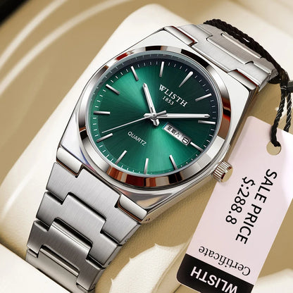 Men's Luxury Stainless Steel Watch with Green Dial, Quartz Movement & Date Display