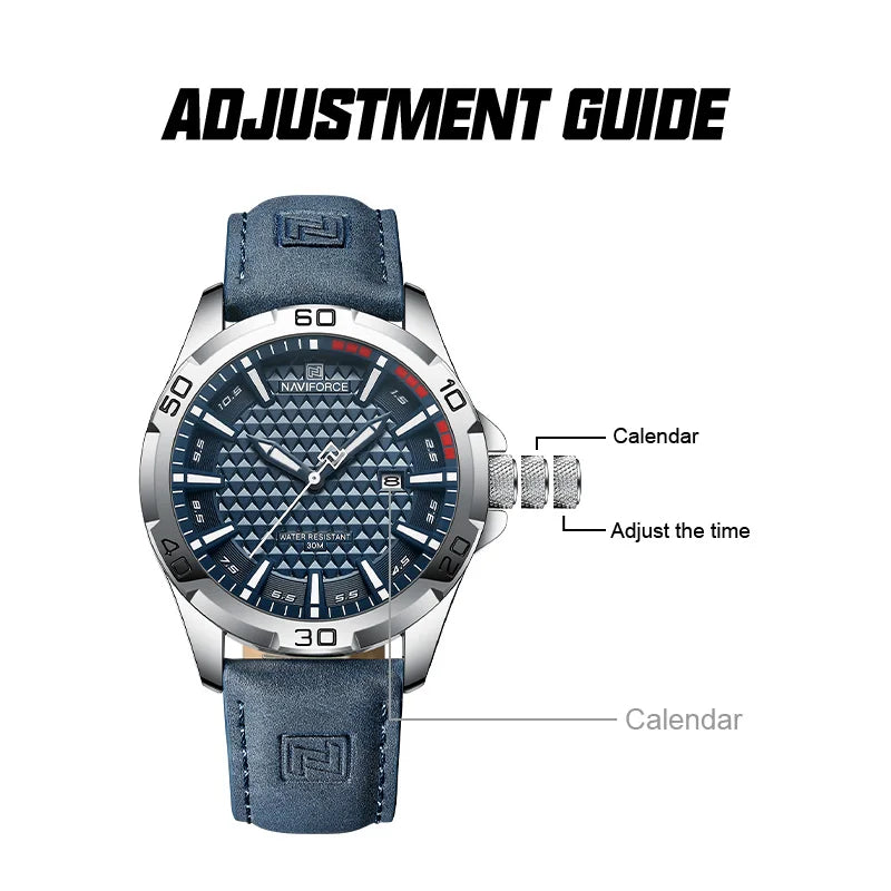 NAVIFORCE Men’s Luxury Sport/Fashion Analog Quartz Watch – Blue Dial Leather Strap (NF9083M style)