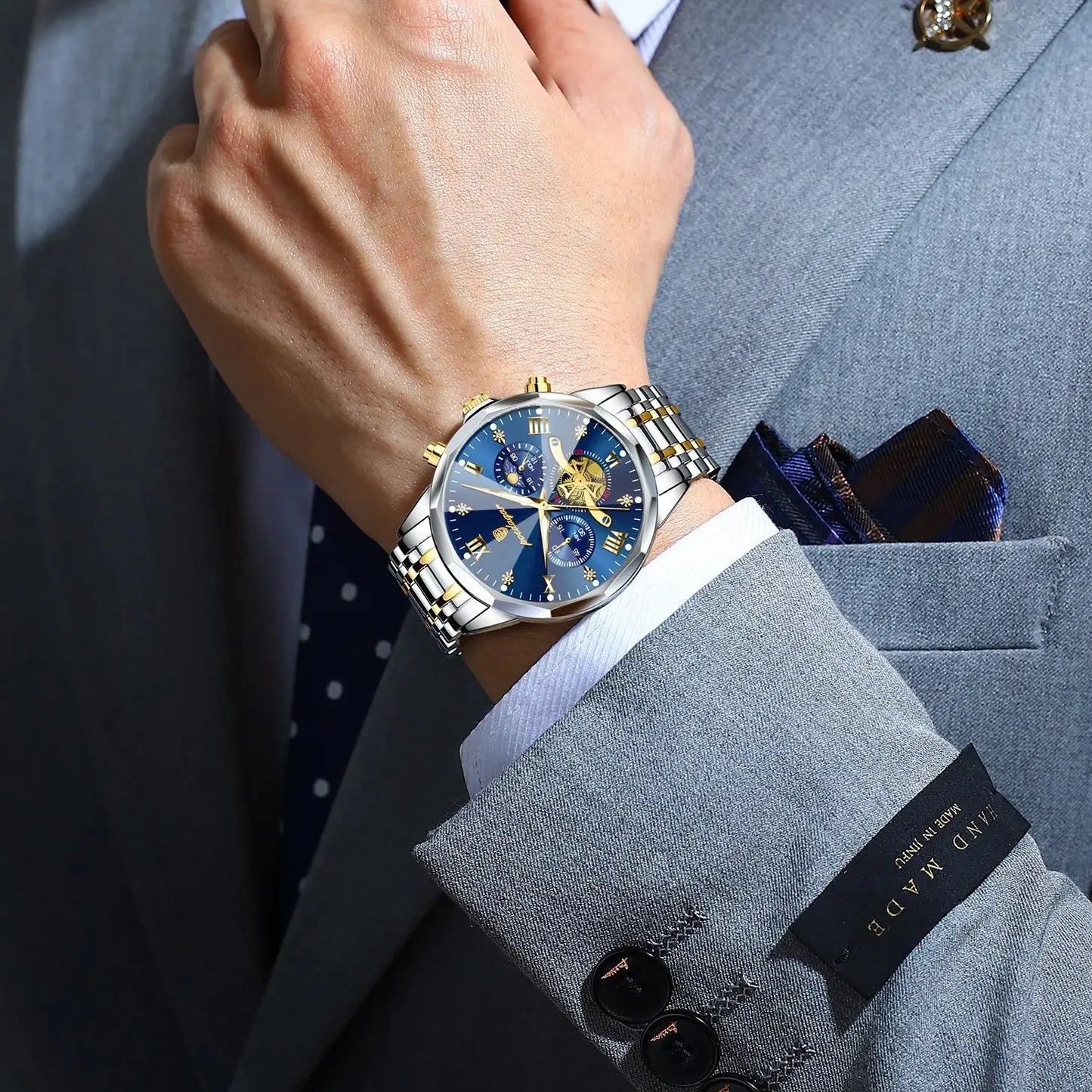 Poedagar Luxury Men's Chronograph Blue Dial Stainless Steel Watch