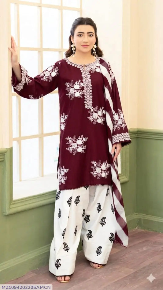 3 Pcs Women's Unstitched Embroidered Suit
