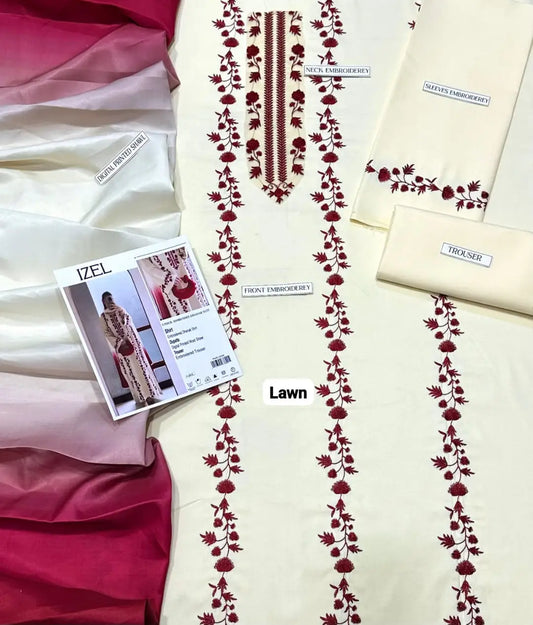 3 Pcs Women's Unstitched Embroidered Suit