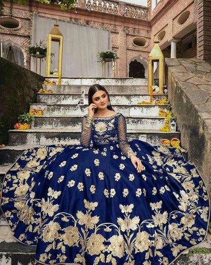 Blue Embroidered Lehenga Set for Women with Pearl Accents