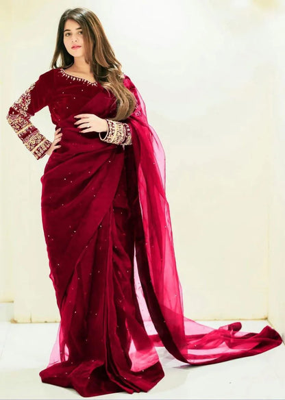 Maroon Chiffon Embroidered Saree Set with Blouse & Petticoat