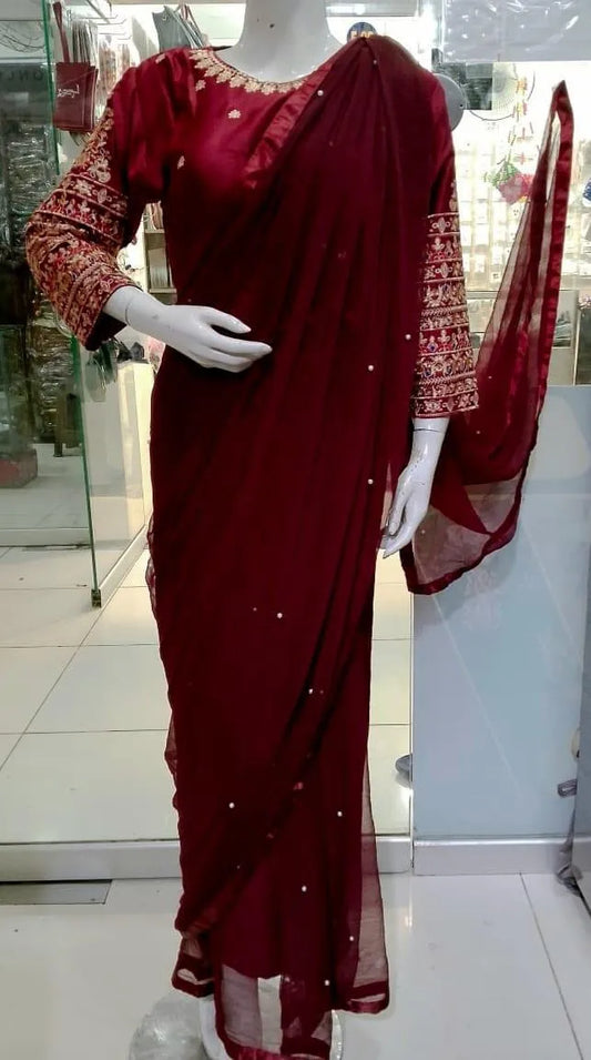 Maroon Chiffon Embroidered Saree Set with Blouse & Petticoat