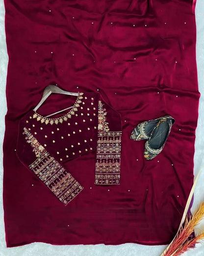Maroon Chiffon Embroidered Saree Set with Blouse & Petticoat