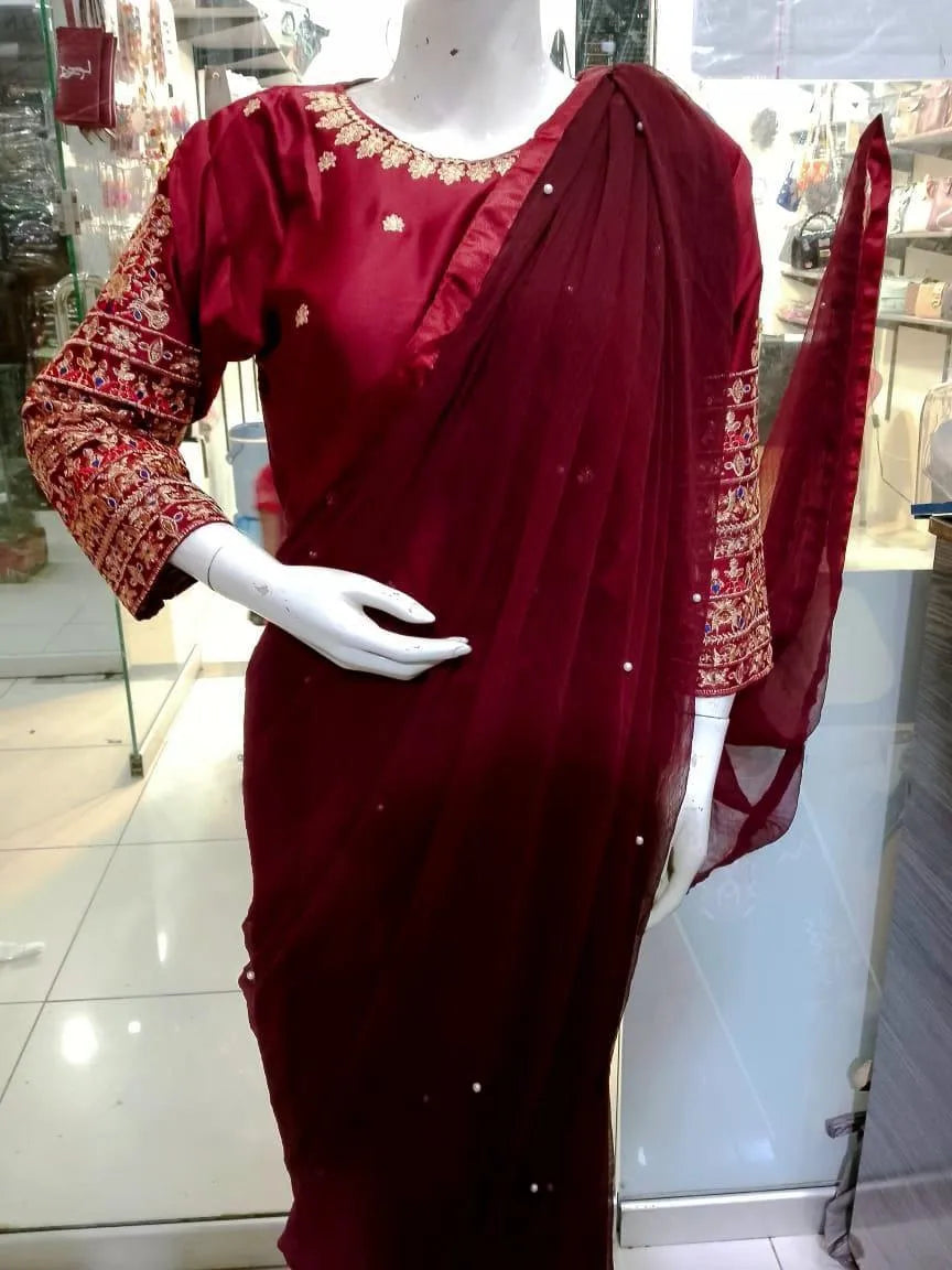 Maroon Chiffon Embroidered Saree Set with Blouse & Petticoat