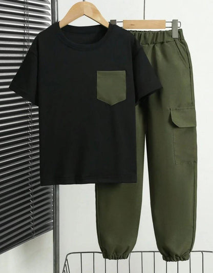Men's Black T-Shirt + Olive Green Cargo Pants Set