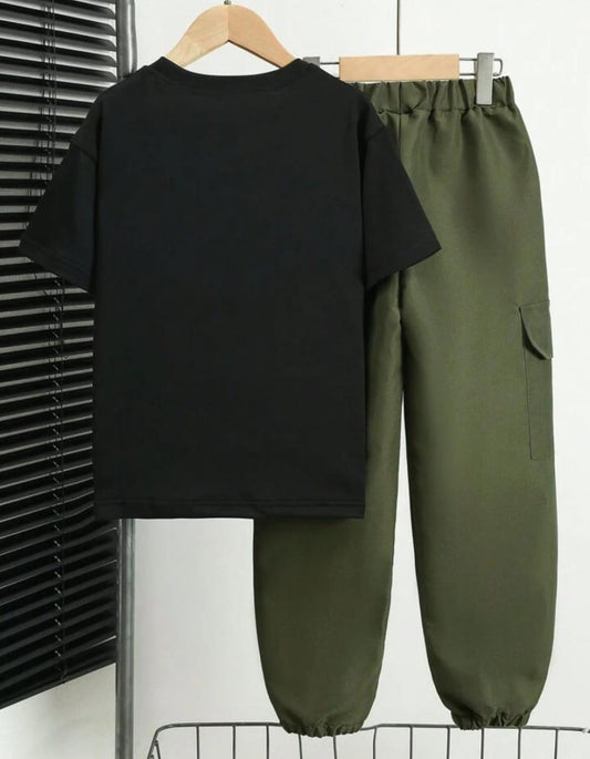 Men's Black T-Shirt + Olive Green Cargo Pants Set