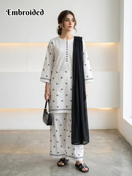 3 Pcs Women's Stitched Cotton Lawn Embroidered Suit