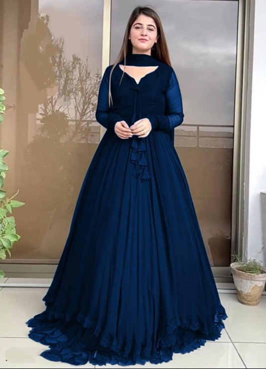 Women's Blue Long Sleeve Gown Dress Set