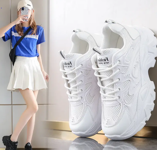 White Mesh Lace-Up Women's Casual Sneakers